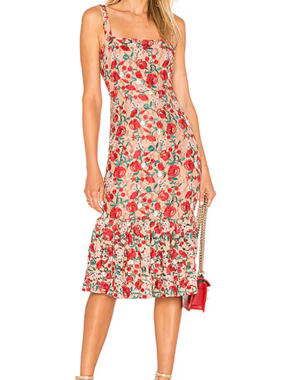 Lovers + Friends Brown Floral Midi Dress with Red Roses